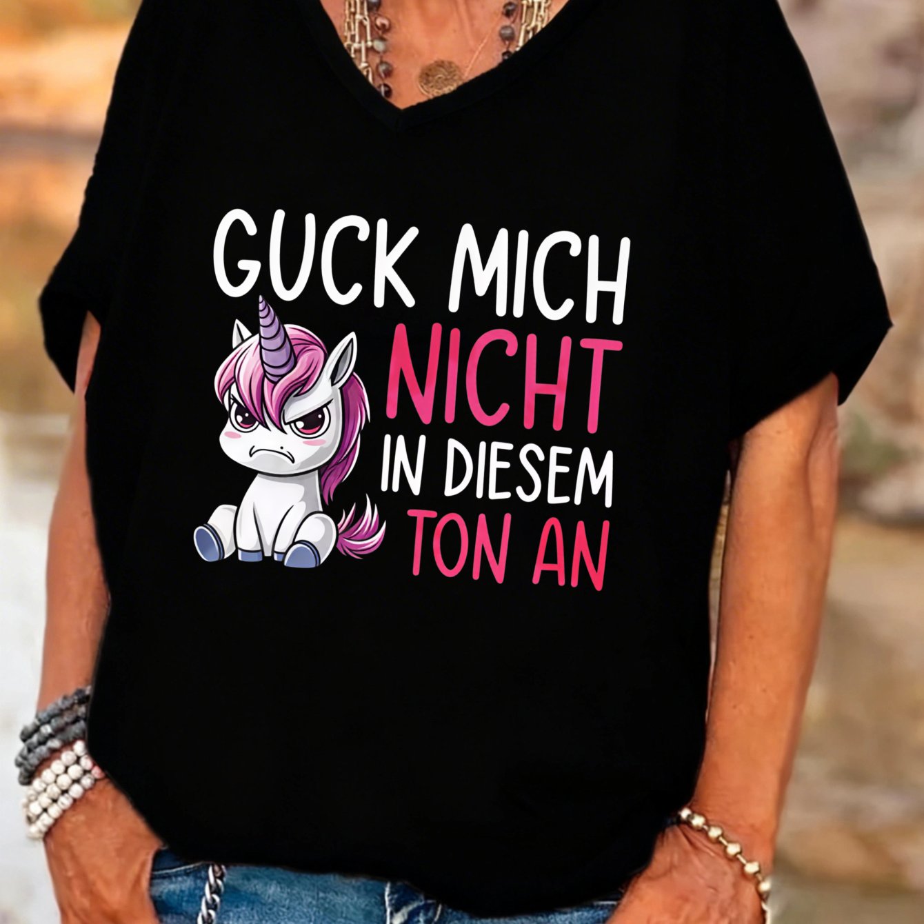 TEMU Plus Size, Casual Fashion Women's V-neck Batwing Sleeves T-shirt Unicorn With Text Mich Nicht In Diesem Ton An Graphic Design Summer Wear Gift