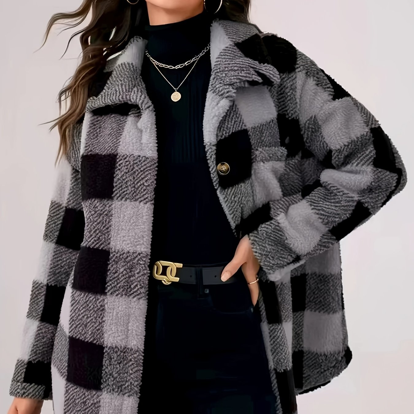 TEMU Veste décontractée à carreaux pour femme, vêtement d'extérieur décontracté chaud, ample, en peluche et patchwork