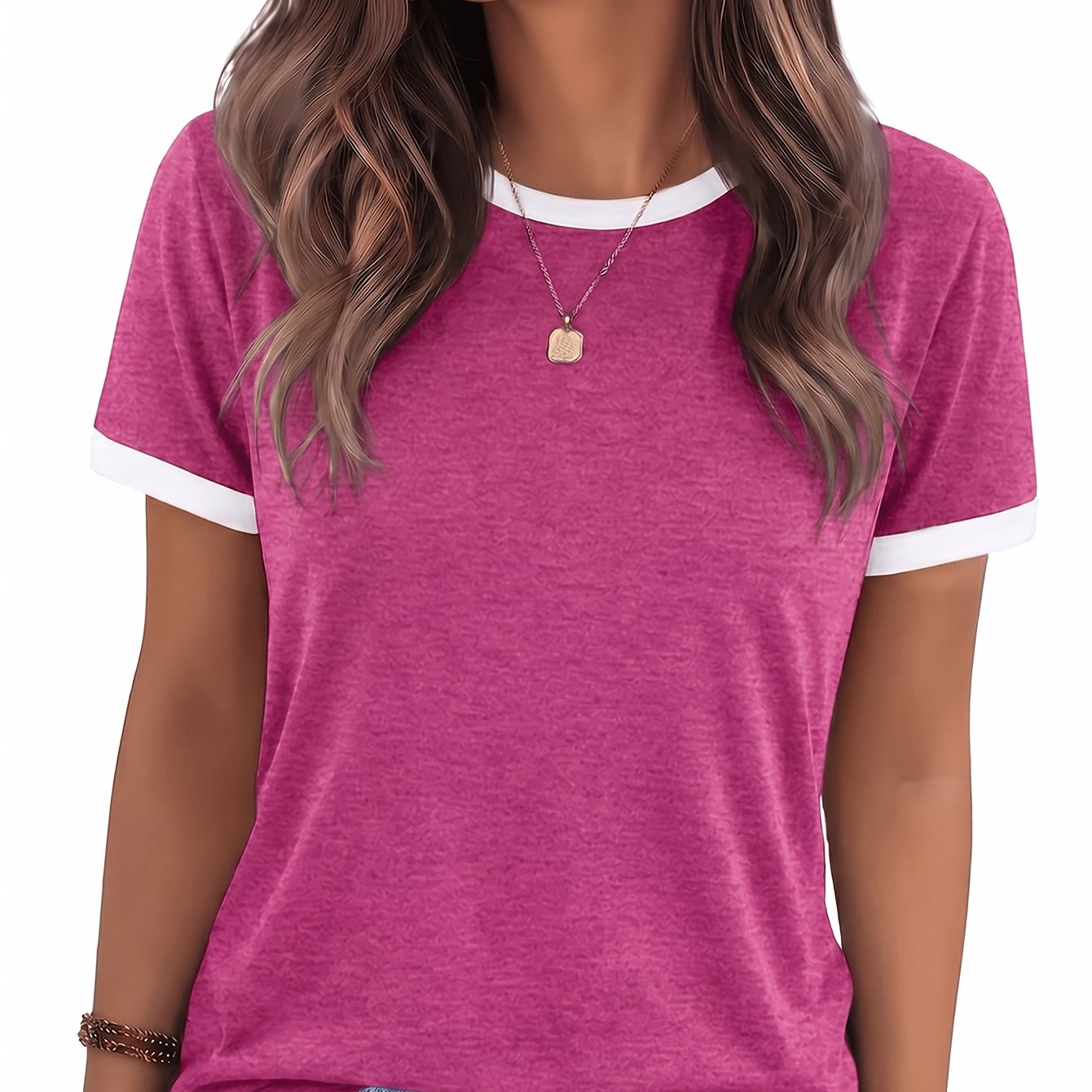 TEMU Women's Comfortable Top, Elegant Casual Color-block Basic Shirt, Fashionable Round Neck Short Sleeve T-shirt