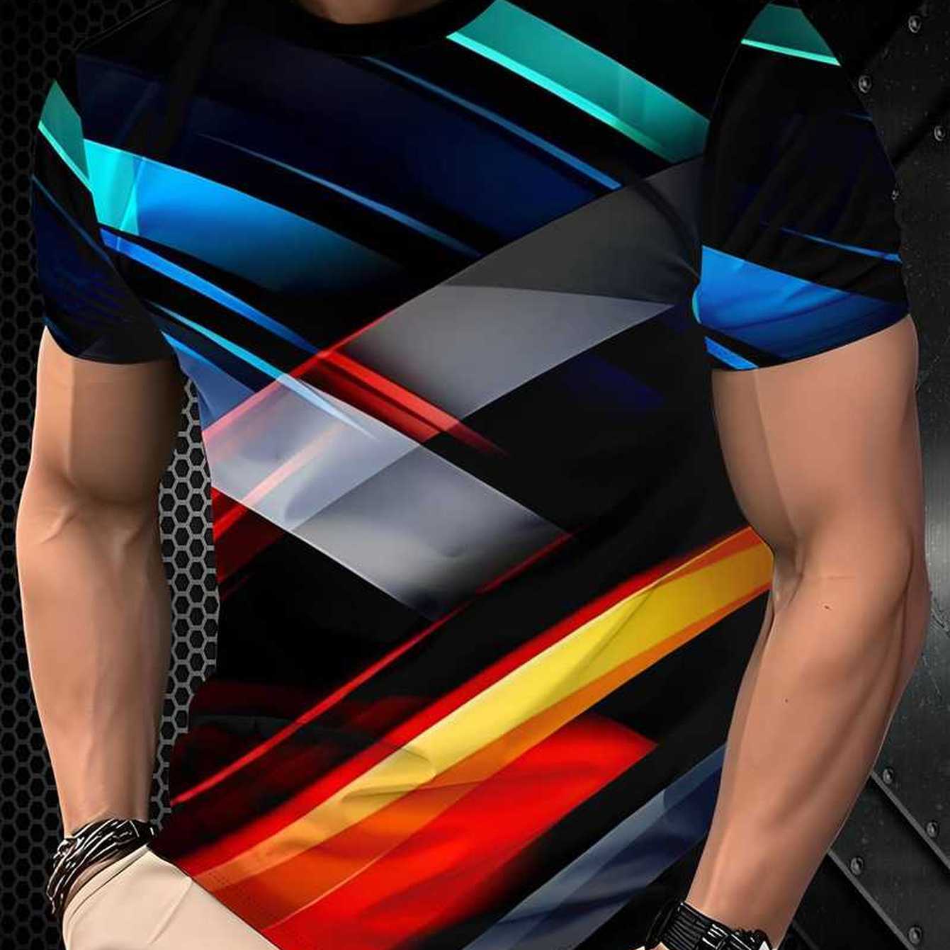 TEMU Iridescent Diagonal Geometric Color Block Style Men's Short Sleeve T-shirt