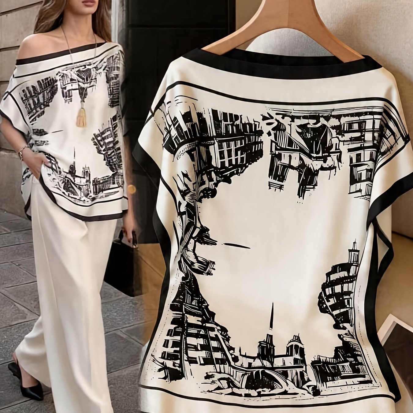 TEMU Plus Size Women's Elegant Black And White Top, Off-shoulder Batwing Sleeve Loose Shirt