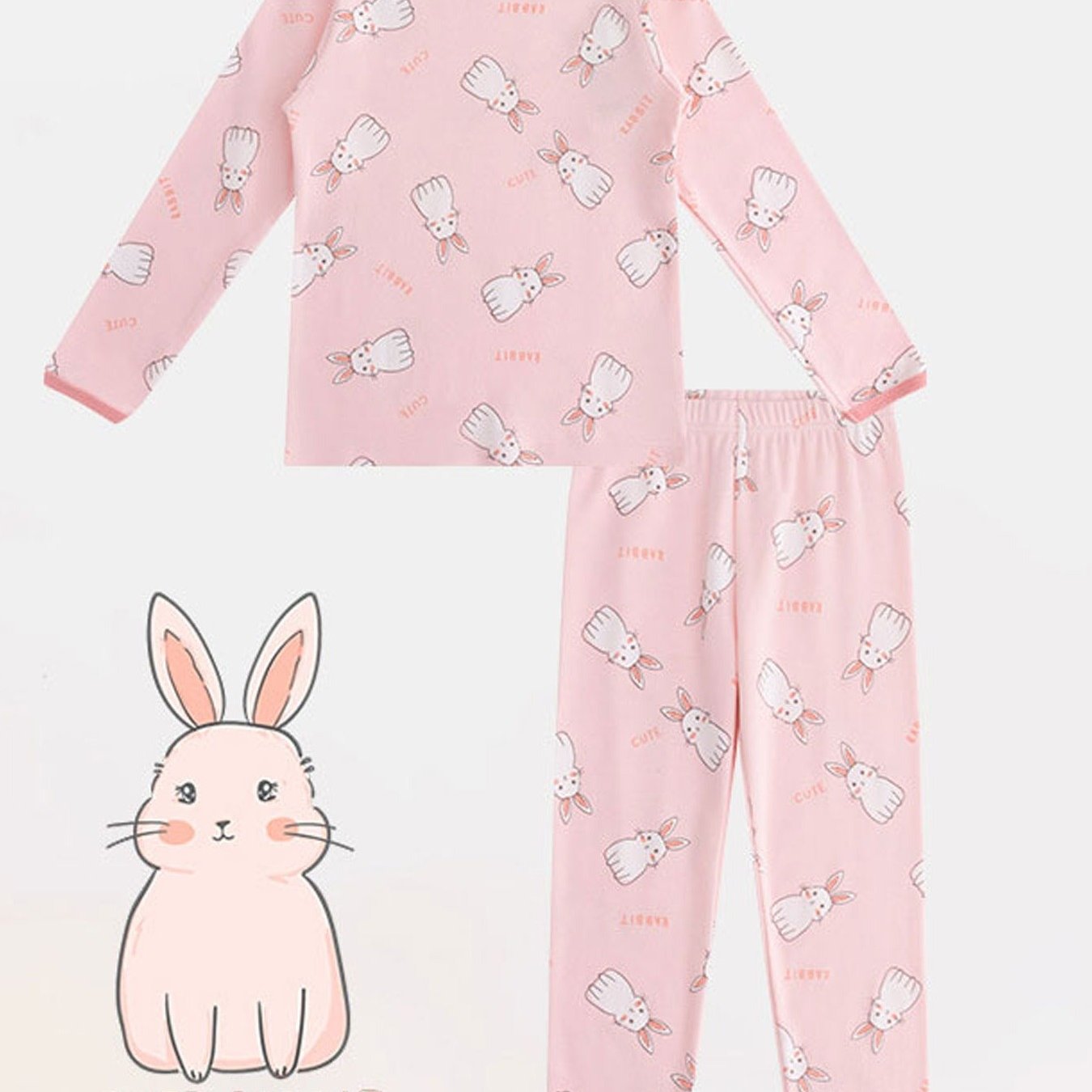 Image of Kids' Cute Print Soft Comfortable Set For Girls And Boys, Pink Cute Rabbit , Festival Gift, Birthday Gift, Christmas Gift