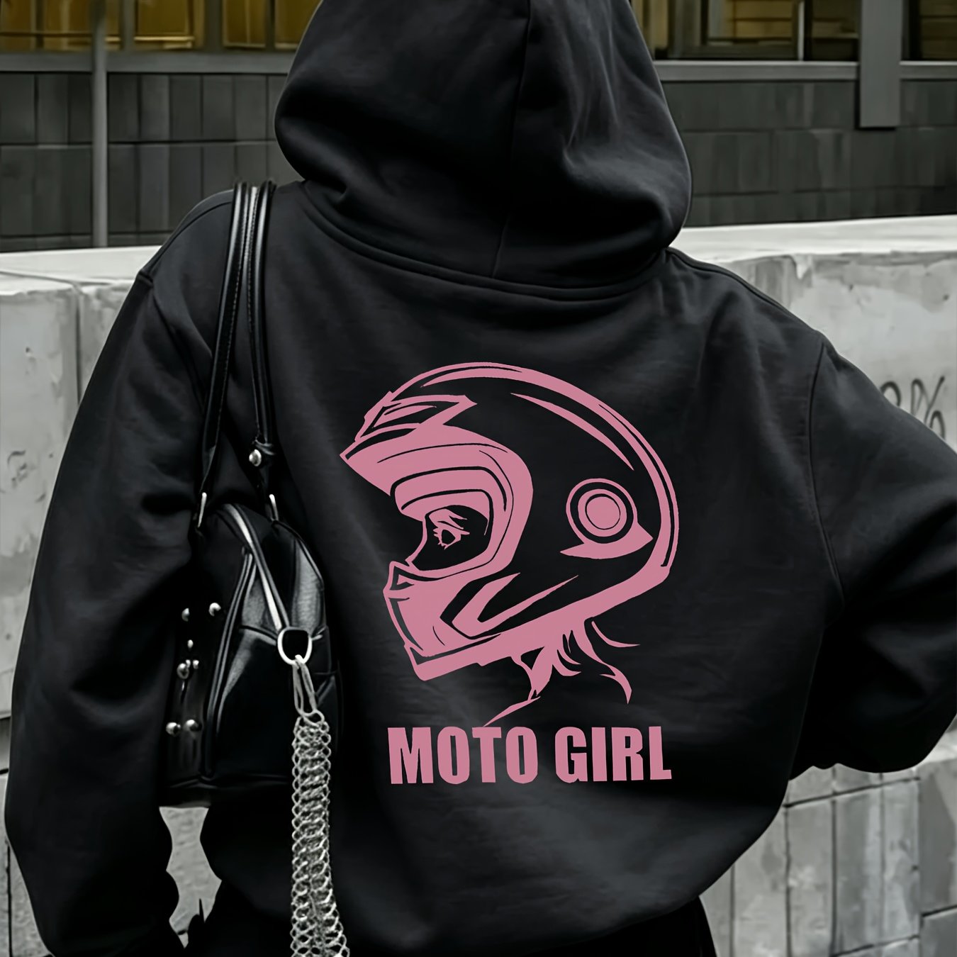 TEMU Pink Motorcycle Helmet Print On Sweatshirt With "moto " Text Below. Women's Fashion Casual Sport Hoodie With Back Print