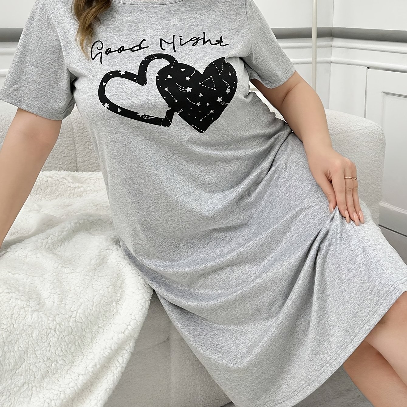 Image of Ladies' Fashionable And Casual Loungewear Sleep Dress, Made Of Comfortable And Soft, Easy To Care For And Suitable For , Featuring A '' Print With Designs On A Gray Short-sleeve T-dress, In Plus Sizes