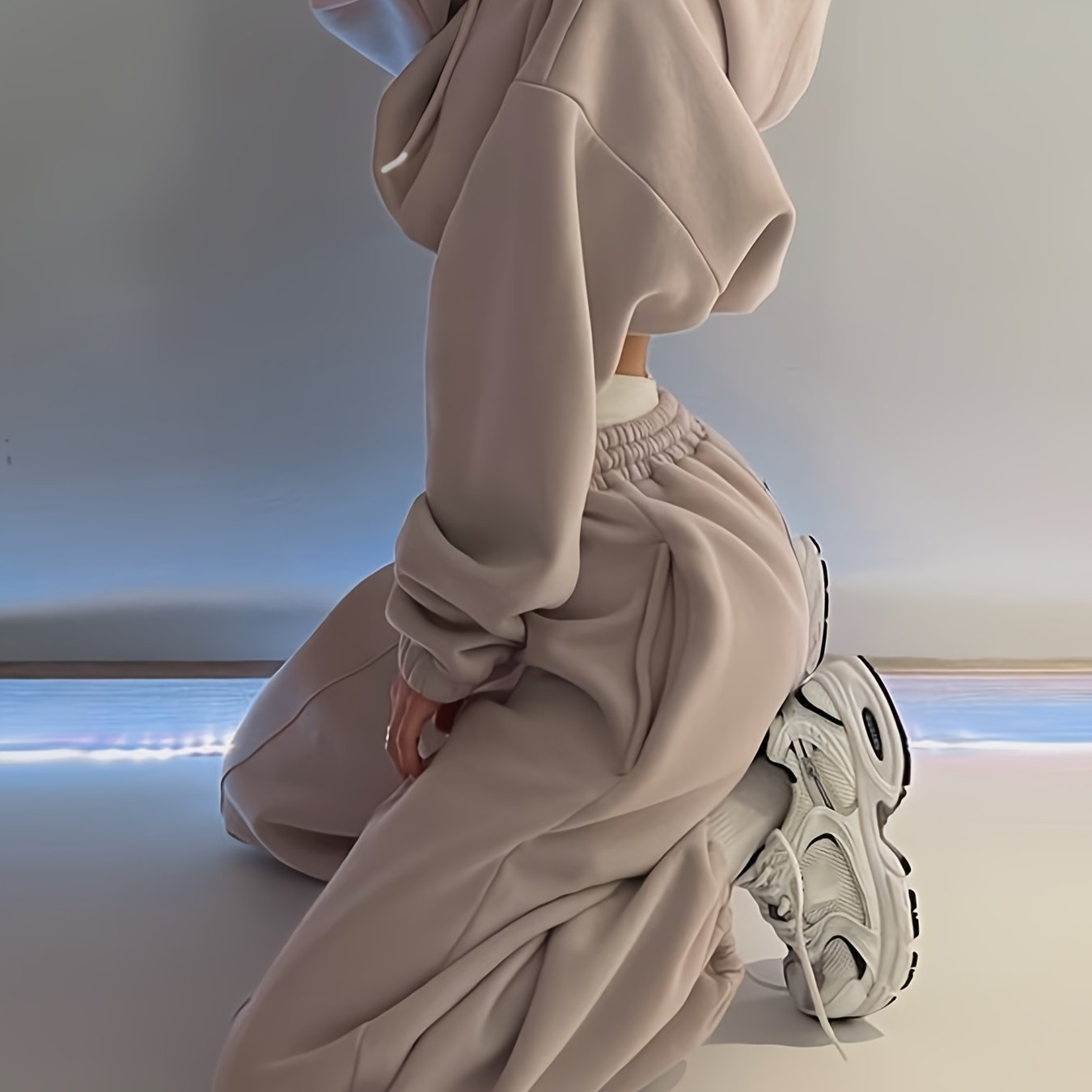 Image of Women's Autumn/winter Simple Solid Color Loose Short Hooded Sweatshirt + Solid Color Elastic Waist Loose Ankle-length Pants Casual Fashion Elegant Daily Versatile Outdoor Y 2pcs Set