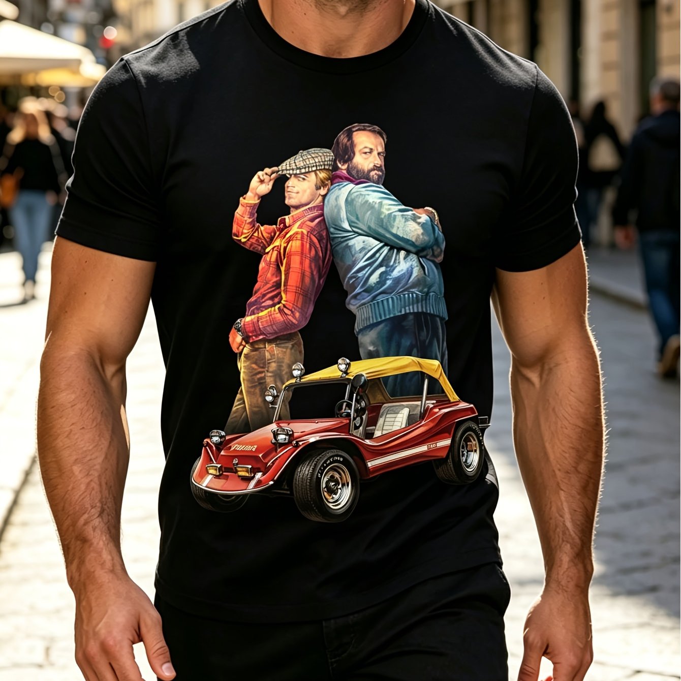 Image of Bud & Terence Retro Car Print T-shirt - Vintage With Bud & Terence Graphics, Round Neck Casual Suitable For Wear, Machine Washable For Car & Everyday Outfits, Plus Size Big And Tall