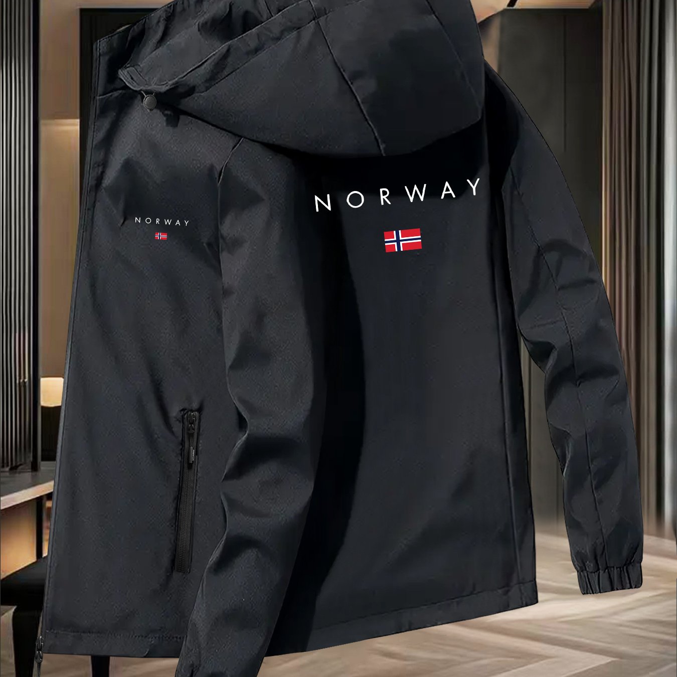 TEMU Men's Norway Flag & Norway Map Print Windproof Jacket - Heavy-duty Winter Skiing & Hiking Coat With Flag Emblem, Zippered Pockets, Machine