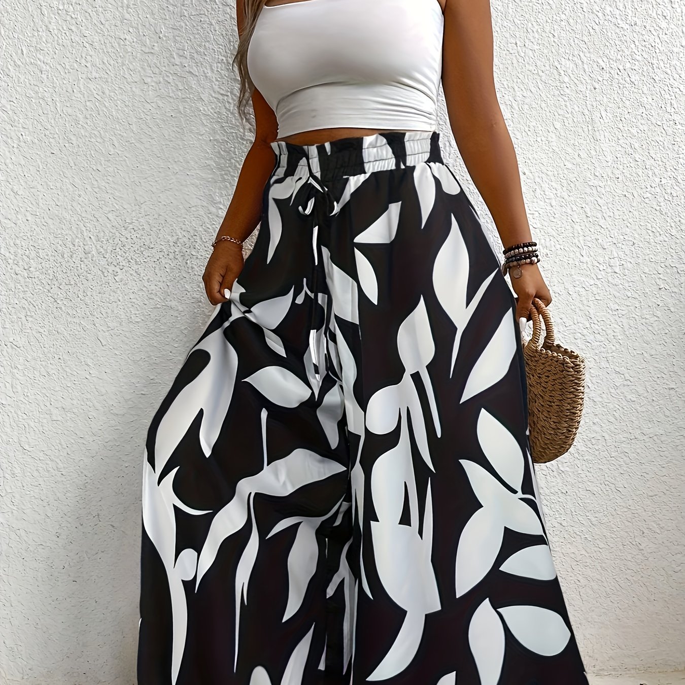 TEMU Plus Size, Fashion Casual Floral Print Wide-leg Mid-length Pants For