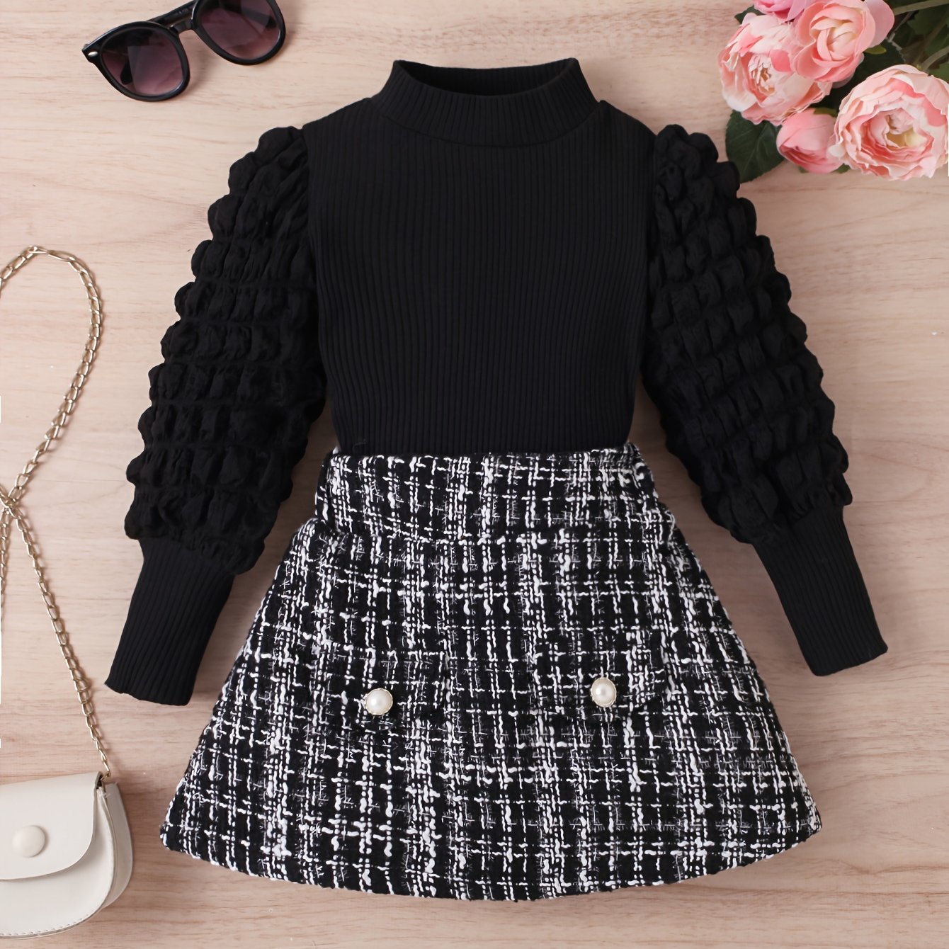 Image of 2pcs Set: Girls' Ribbed Spliced Puff Sleeve Mock Neck Long-sleeved T-shirt And Tweed Plaid Skirt, Casual, Fashionable, Elegant, Suitable For Daily