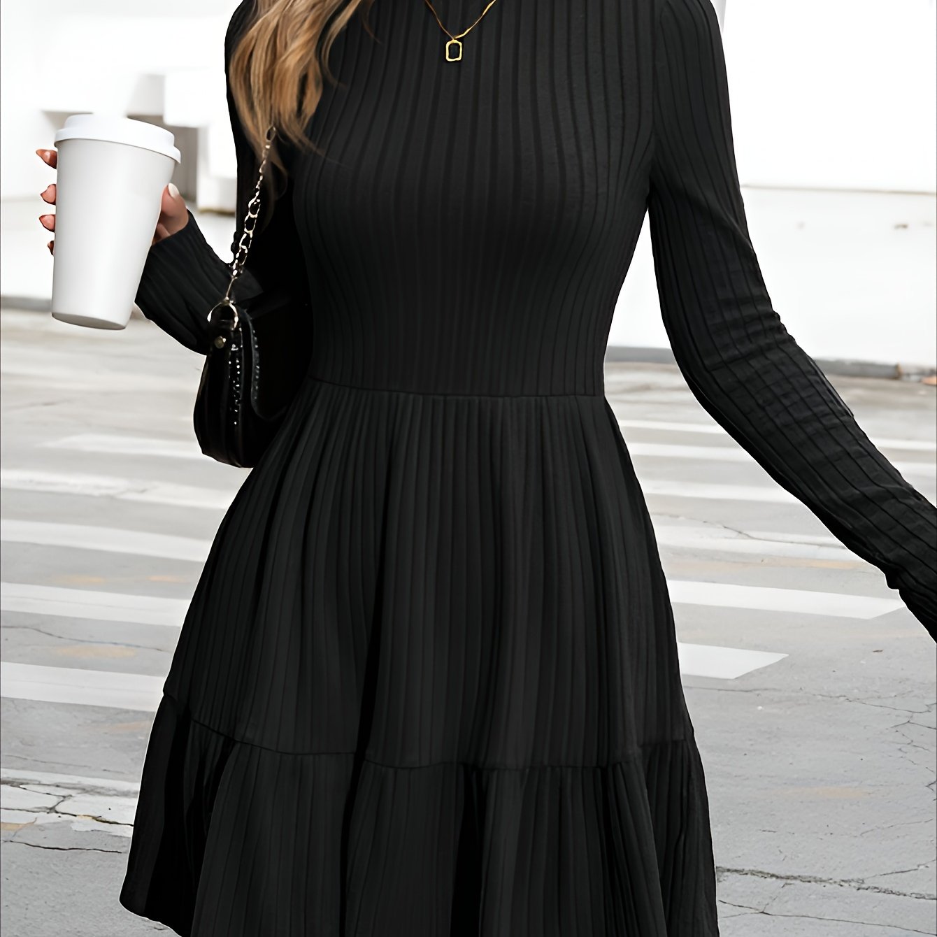 Image of Directional Long-sleeved Round Neck Women's Dress