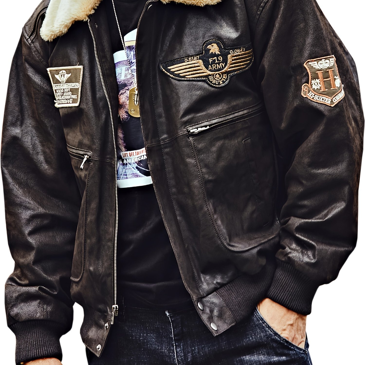 Flavor Men's Real Jacket With Removable Faux Fur Polyester Collar Pilot