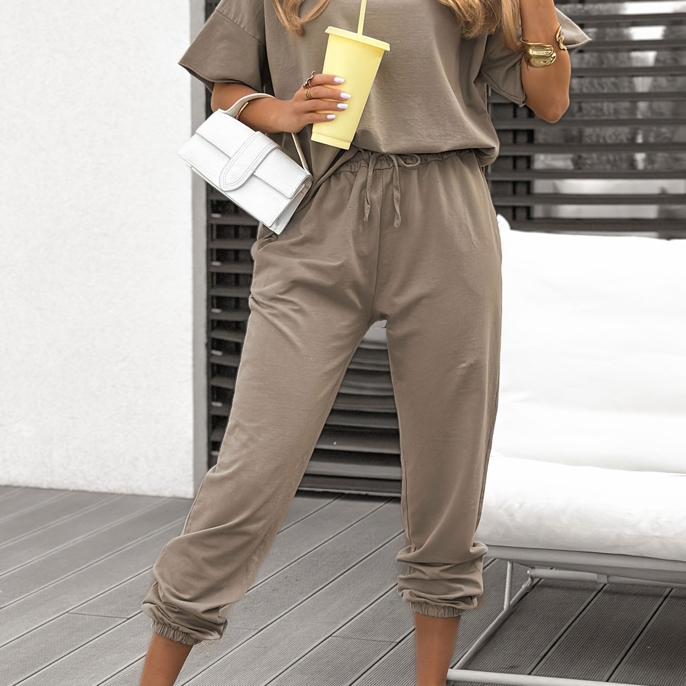 TEMU Women' Color, Round Neck Short Sleeve T-shirt With Elastic Waist Jogger Pants Set, Casual Loose Fit, Suitable For Outdoor Wear