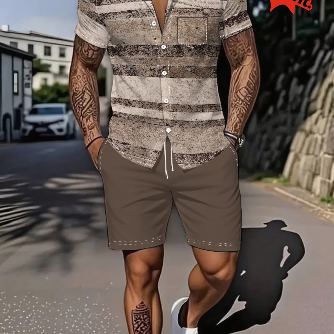 TEMU Men's Plus-size Shirt Set Featuring A Striped Pattern For Sports And Leisure, Plus Size