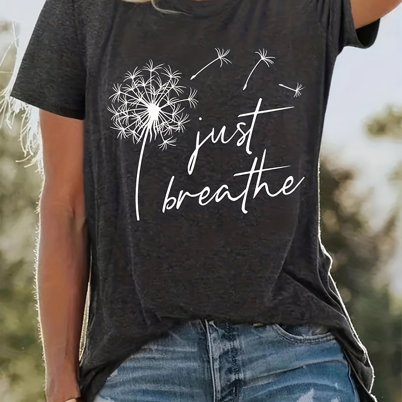 TEMU Women's "just Breathe" Dandelion Print T-shirt - Casual Crew Neck Tee, Short Sleeve Relaxed Fit For Casual Attire & Layering, Machine Washable,