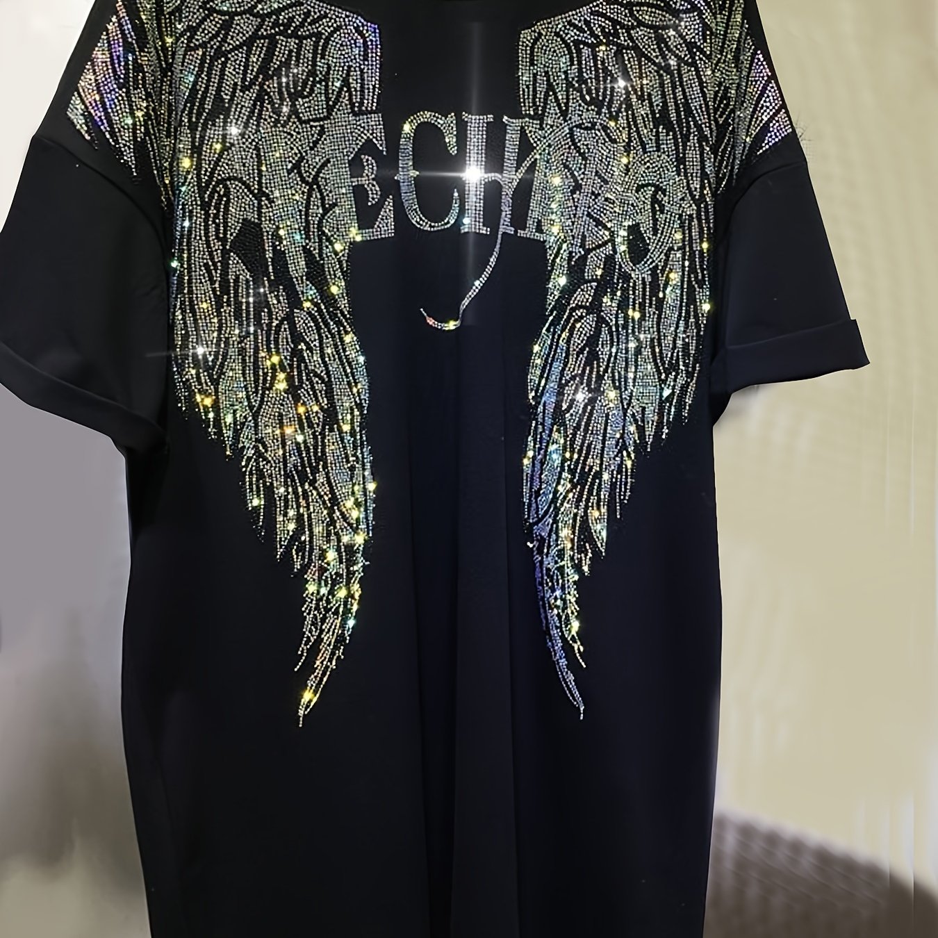 Image of Oversized Women's T Shirts Wings Rhinestone Graphic Tees Loose Fit Trendy Crew Neck Summer Tops Sparkle Casual Party