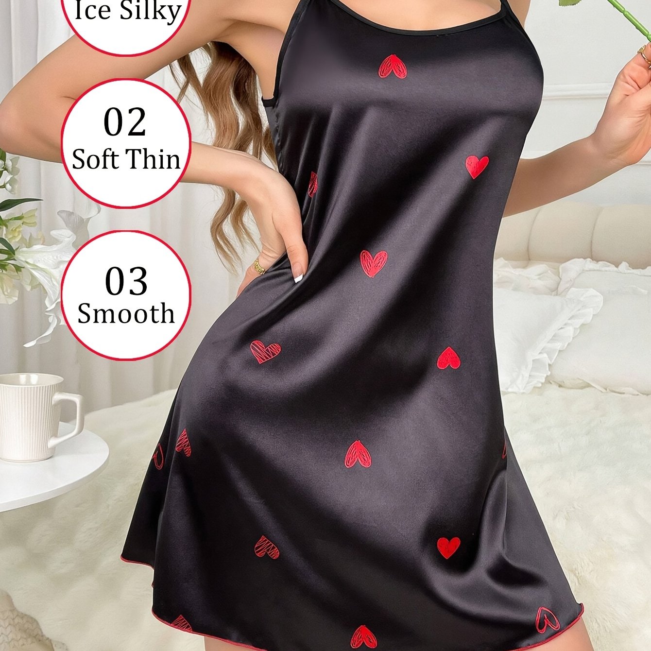 E-shop Lässiges Satin-Schlupfschlafkleid mit Herz-Aufdruck, Schlupf-Minikleid zum Schlafen mit Rundhalsausschnitt verstellbaren Trägern, romantisch für