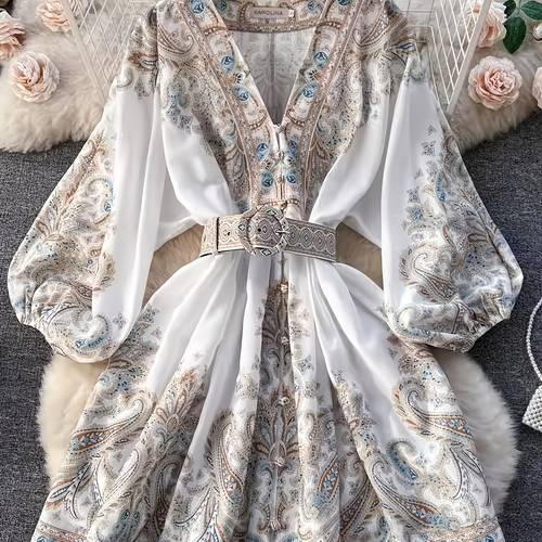 womens light dress with lantern sleeves paisley print adjustable waist belt a line flared hem length dress for autumn