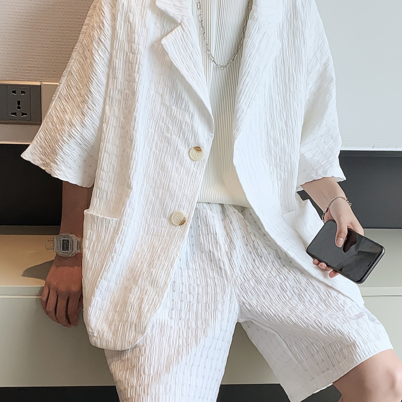 TEMU でトレンディなのカジュズウェア、ゆったりショーツと快適なシングルブレストジャケット付き。通気性抜群で着心地も最高！