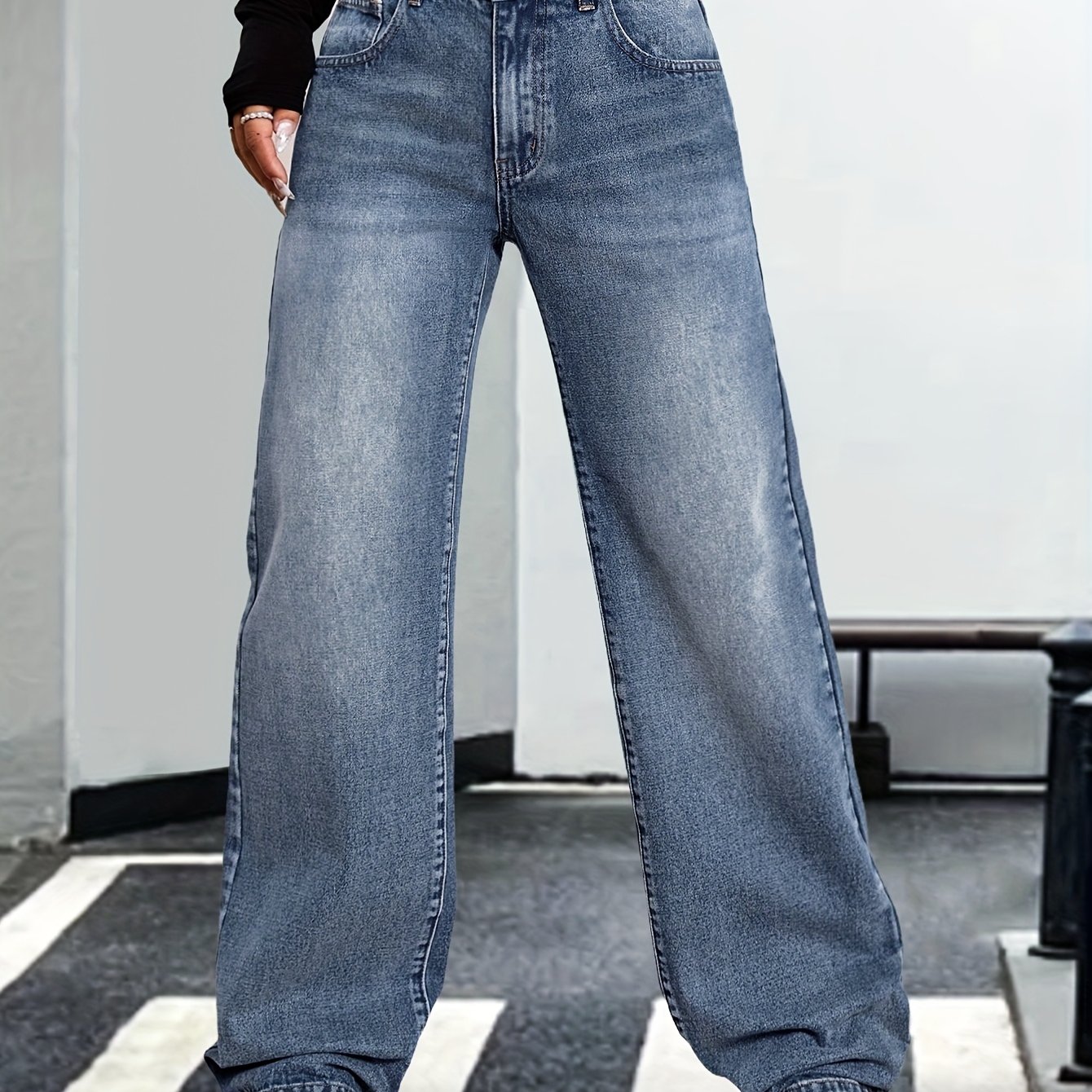 Image of Women's High-waisted Wide-leg Jeans - Stretchy 70% , Relaxed Fit Casual Pants With Button Closure, , Hand Wash Only, Denim Jeans