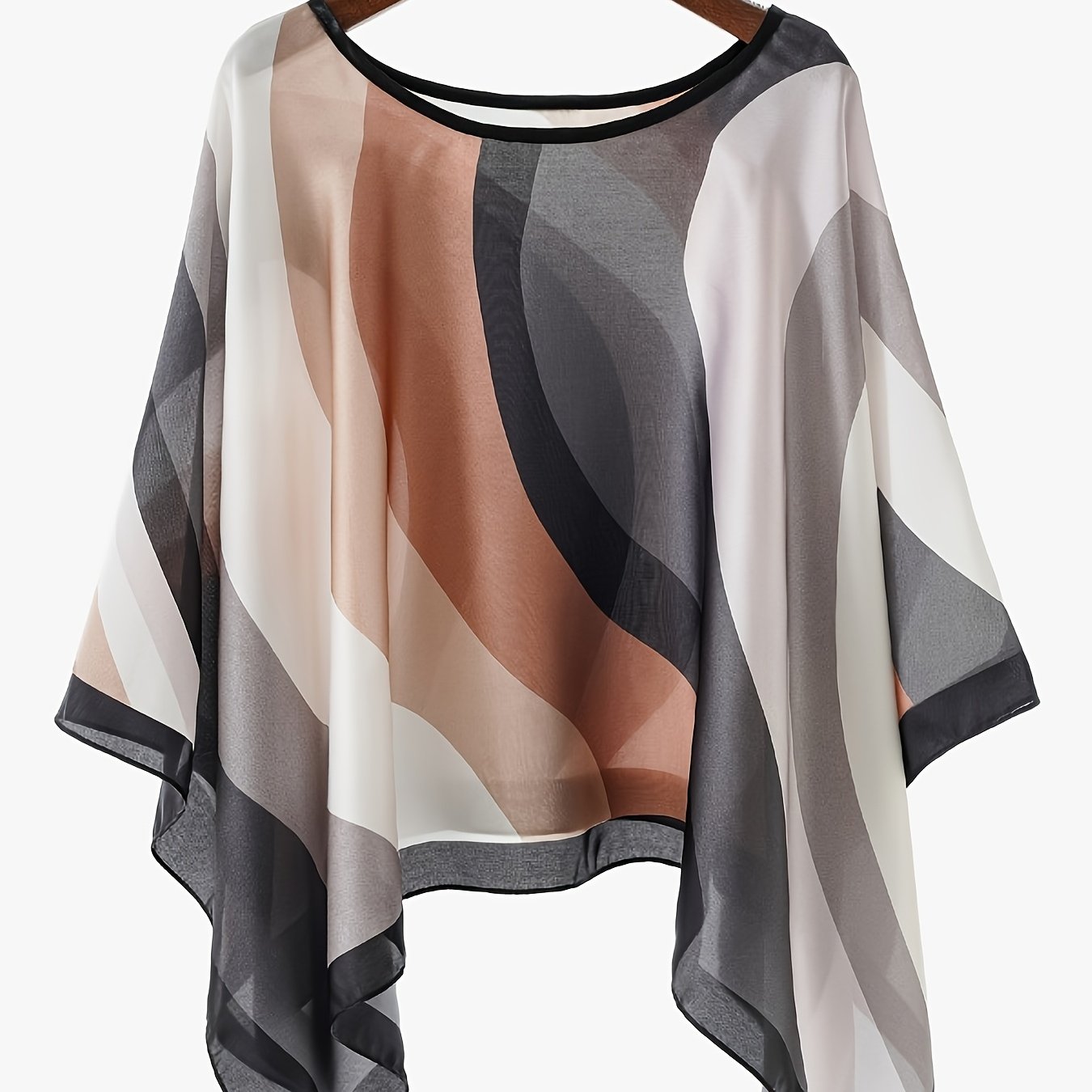 Image of Satin Women's Summer Travel Geometric Striped Print Sunscreen Cover-up, Bohemian Style, Plus Size Magic! Loose Breathable Versatile Cover-up