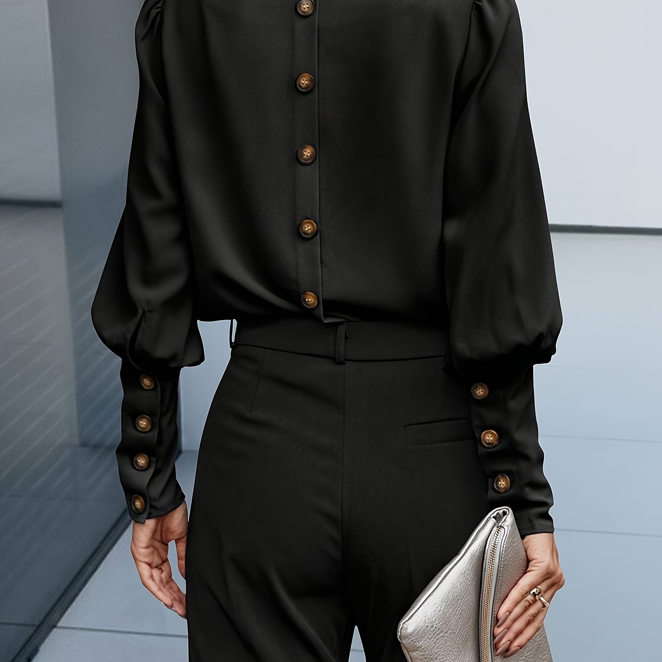 TEMU Spring/autumn Fashion New Women's Top, Elegant Solid Color Decorative Button Round Neck Long Sleeve T-shirt