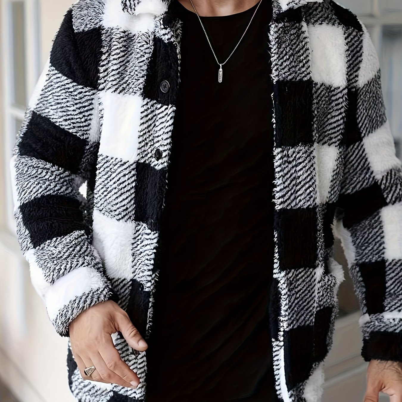 TEMU Мъжко Зимно Черно и Бяло Карирано Флисово Яке - Меко, Леко, Топло, Ежедневен Стил с Копчета отпред, Дълги Ръкави и Пухкава Текстура за Ежедневна