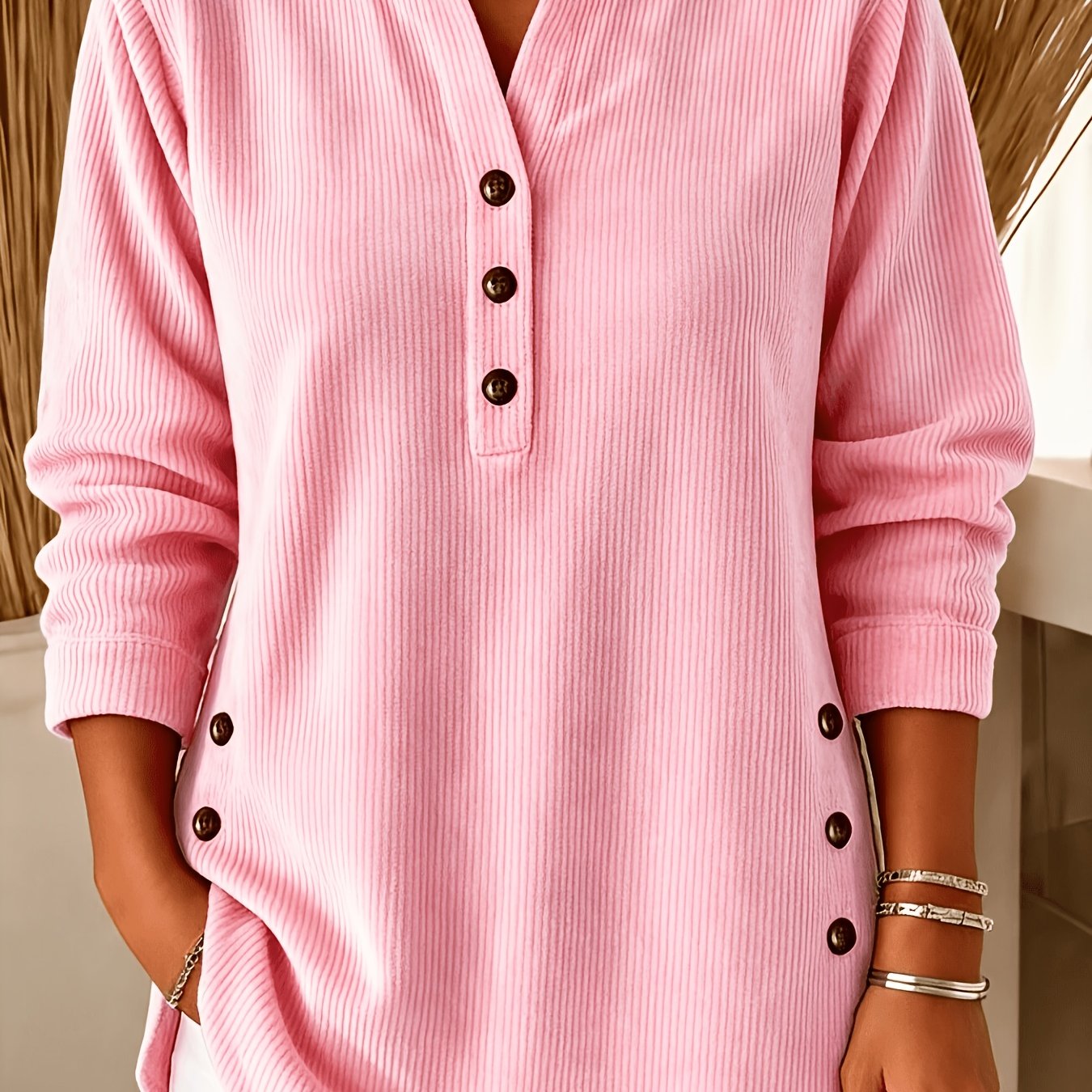 TEMU Haut de base grande taille pour femme, printemps/automne, à texture côtelée , avec semi-ouverte ample et patte de boutonnage latérale, ourlet