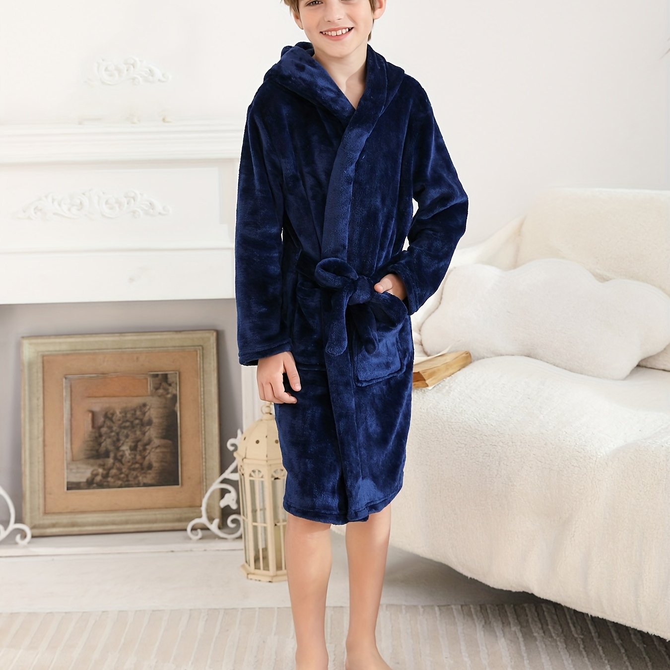 Image of The Label Is At The Side Seam Of The Hem Or Inside The Back Collar. This Boys' Flannel Robe Is Soft, Comfortable, And Suitable As A Party Loungewear Or Bathrobe. A Gift For Children Aged 2-11
