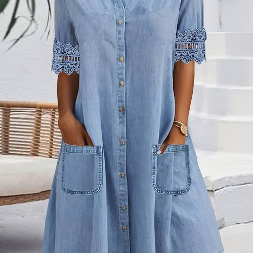 plus size womens plus size casual v neck lace trim half sleeve midi dress with button front side pockets 100 polyester machine washable a line silhouette for spring summer fall