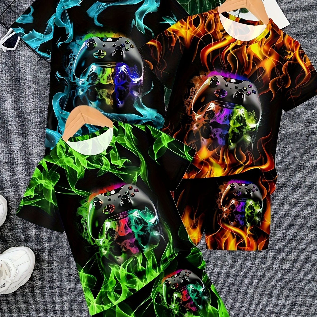 Image of 6pcs Set, Boys Printing Casual Short-sleeved Shorts T-shirt Spring And Summer Jumper Short-sleeved Shorts, Boys Outdoor Sports Top With Shorts Set, For Outdoor, Christmas, Halloween