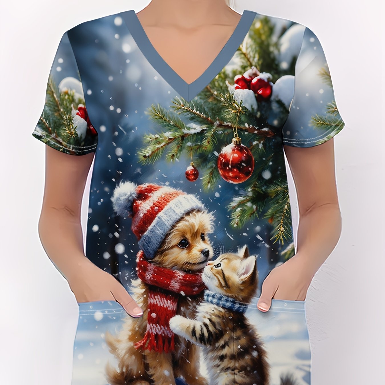 TEMU Ladies' T-shirts, Comfortable Nurse Uniforms For Women, A Cute Dog And Kitten Affectionately In The Snow While Wearing Hats And Scarves. Women's