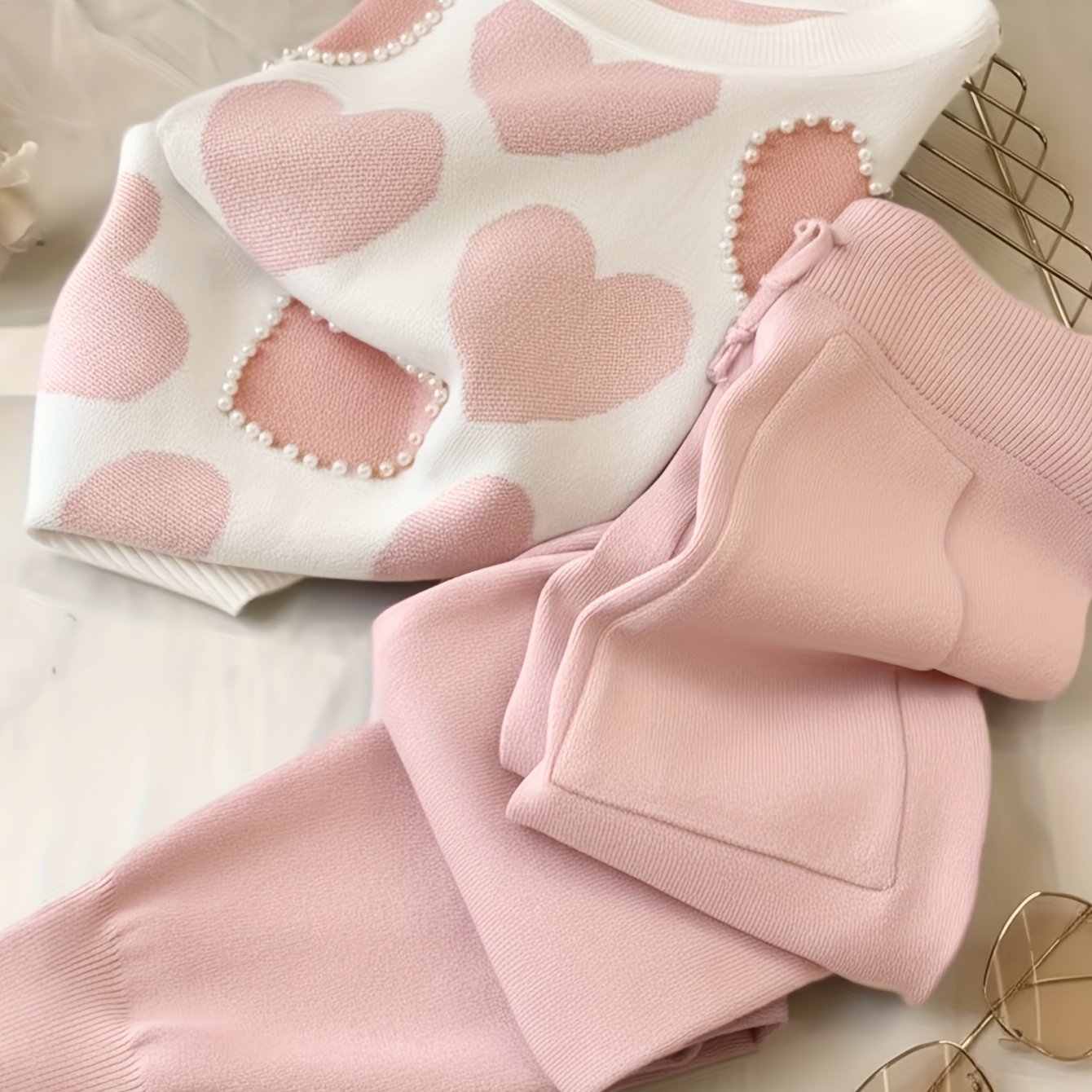 Korean Love Printed 2pcs Set Women Short Sleeve Beading Knitwear Tee Tops Conjunto Jogging Pants Casual Suit