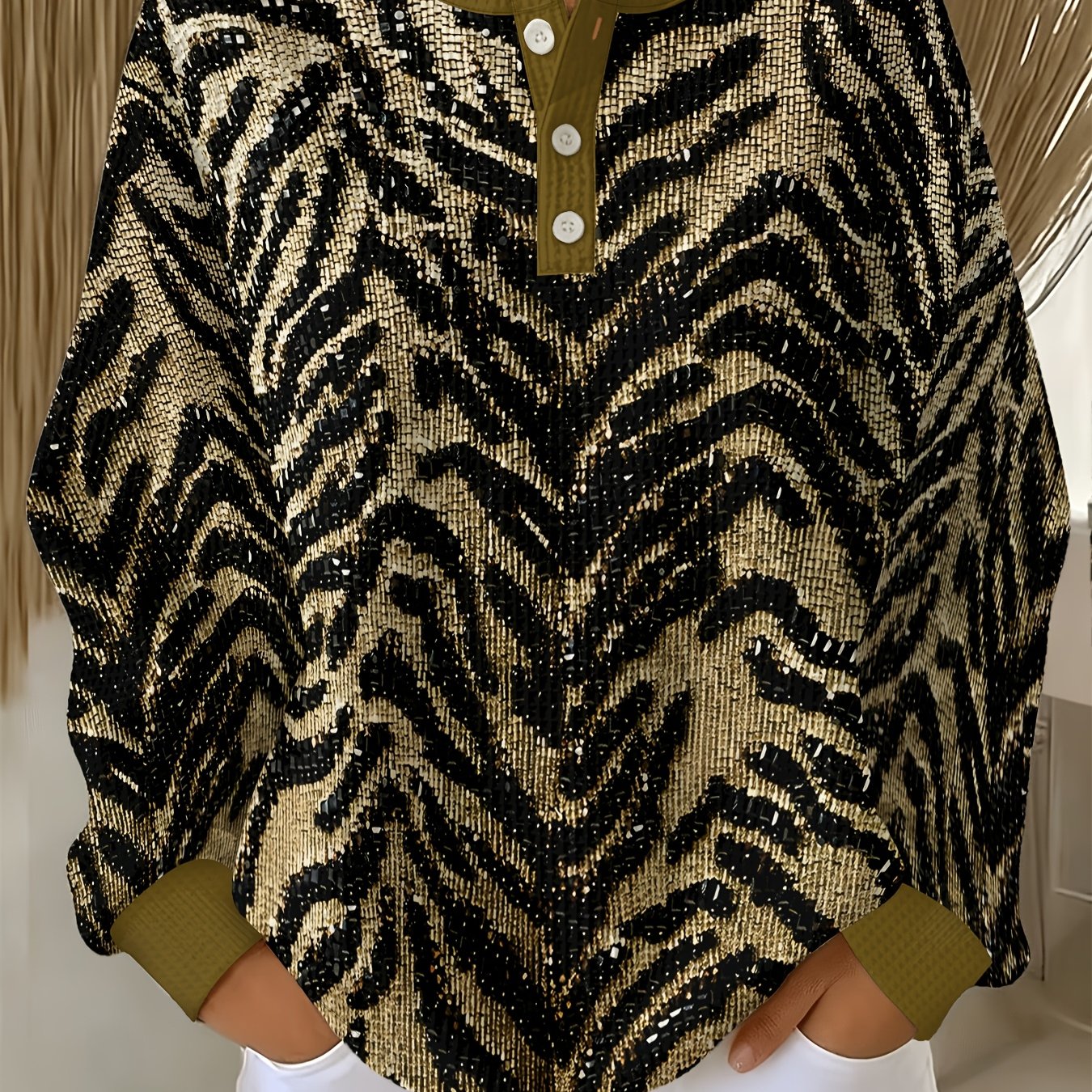 TEMU Plus Size Waffle Sweatshirt, Green Golden Sequin Zebra Texture, Elegant 3-button Round Neck Long Sleeve Sweater