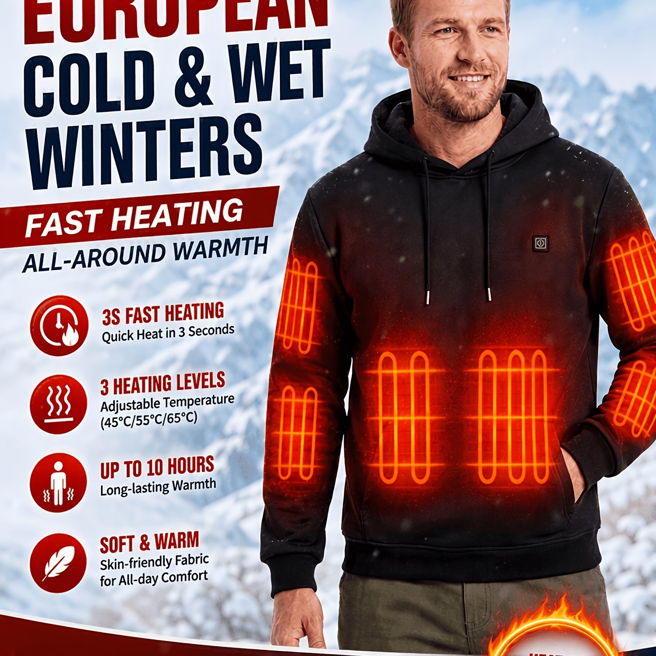 TEMU Men's Autumn/winter Smart Heated Hoodie, 38 Heating Zones, 3 Temperature Settings, Warm And Quick-heating Electric Heated Top, Suitable For