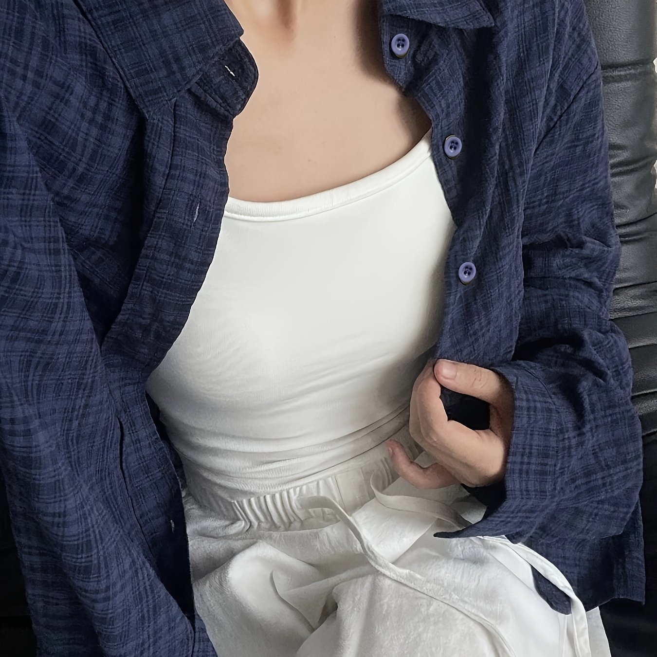 TEMU Plus Size - 2025 New Plus Size Women's Navy Loose Outerwear Shirt Spring Summer Thin Jacket Blouse