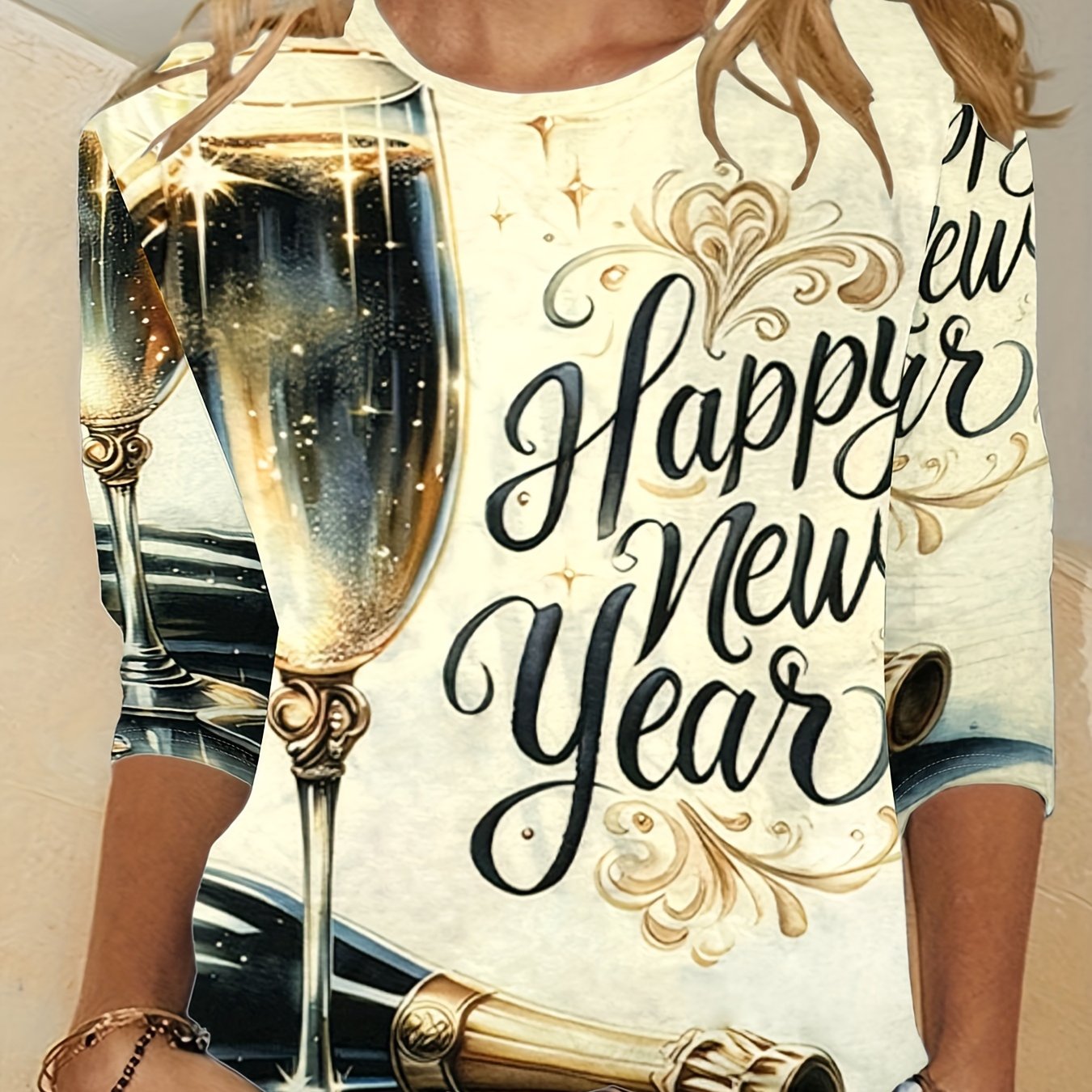 Image of Plus Size - Plus Size - - Loose Plus-size Fashionable Trendy New Year Element Printed Women's Long-sleeve T-shirt, Creative New Style Letter Printed Women's Round Neck Top
