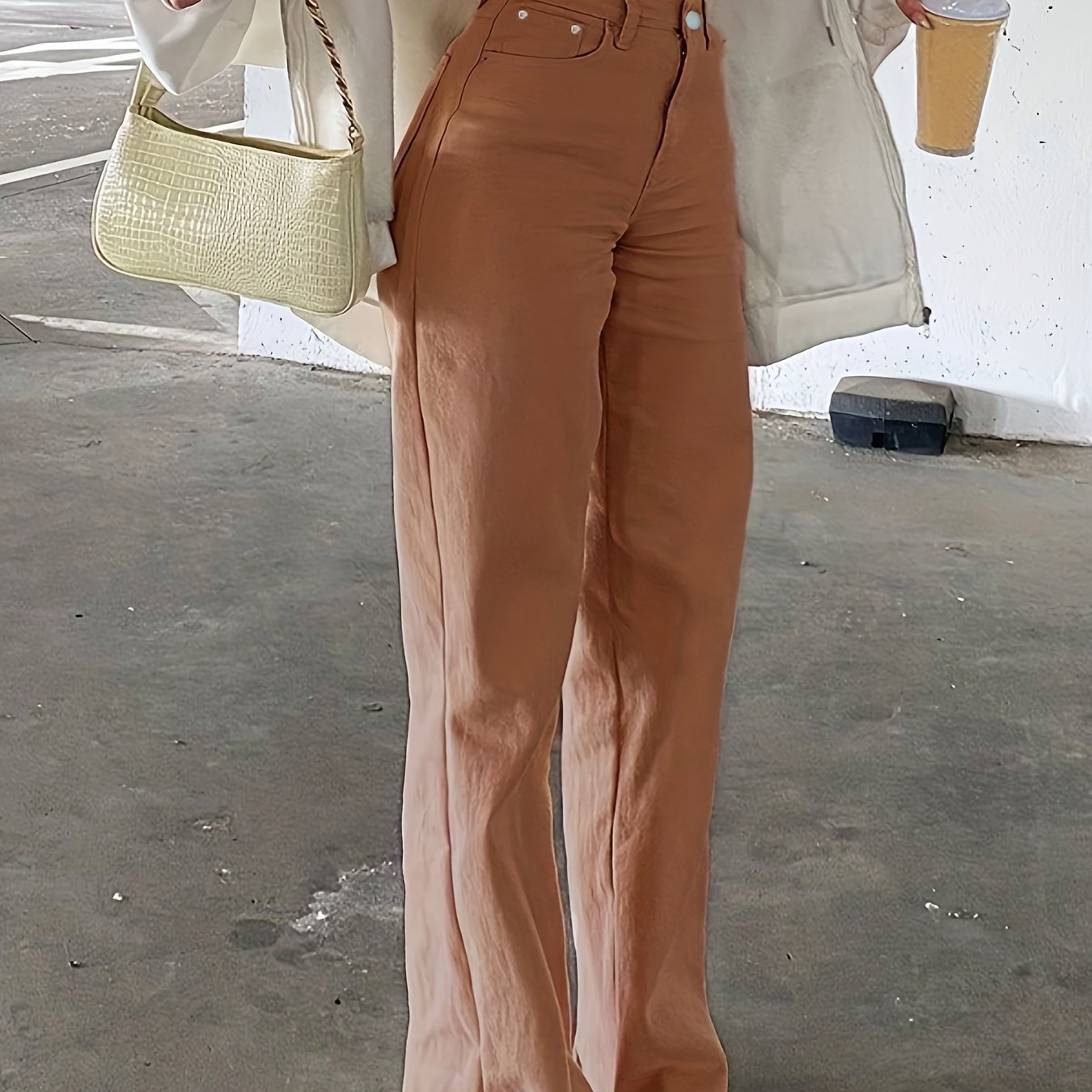 Women&#39;s Elegant Brown Wide-Leg Jeans - High-Waisted, Non-Stretch Denim with Zip Closure and Slash Pockets, Perfect for Casual Outings