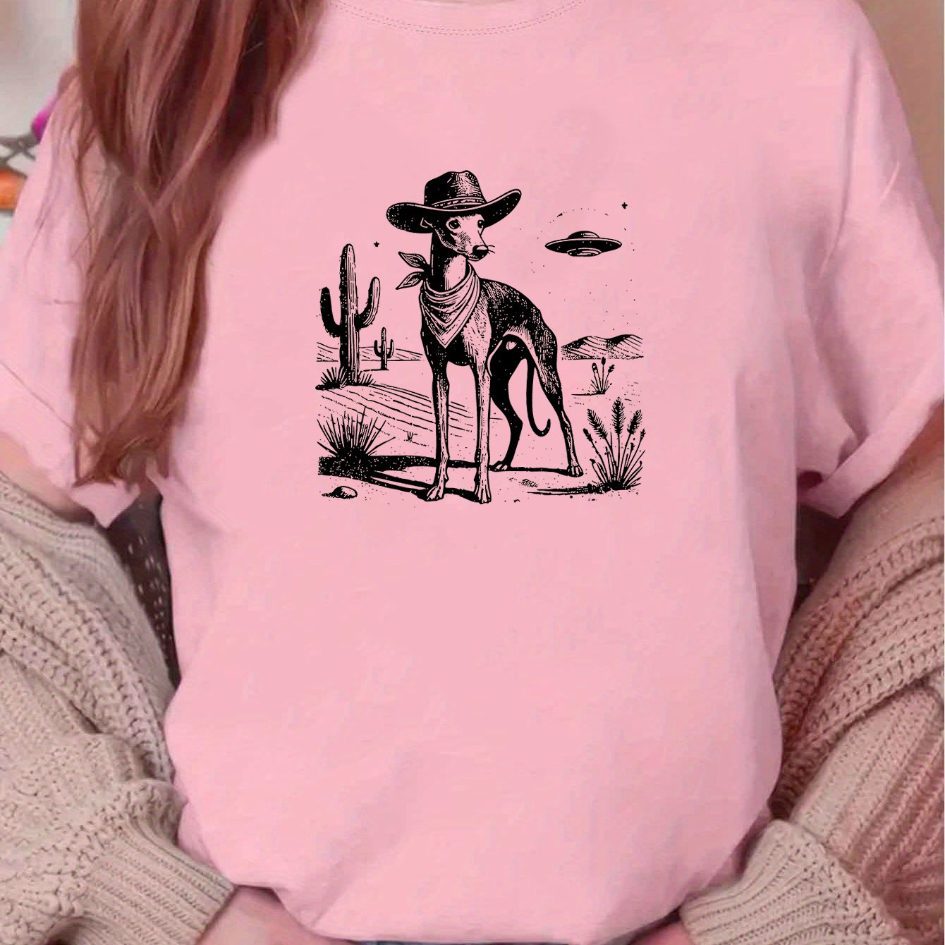 TEMU A Cute Whippet Lover, Whippet Gift, Dog Owner Gift, Retro, Cowboy, Whippet Greyhound, Retro Dog, Ufo Western Women's Casual Crew Neck, Printed