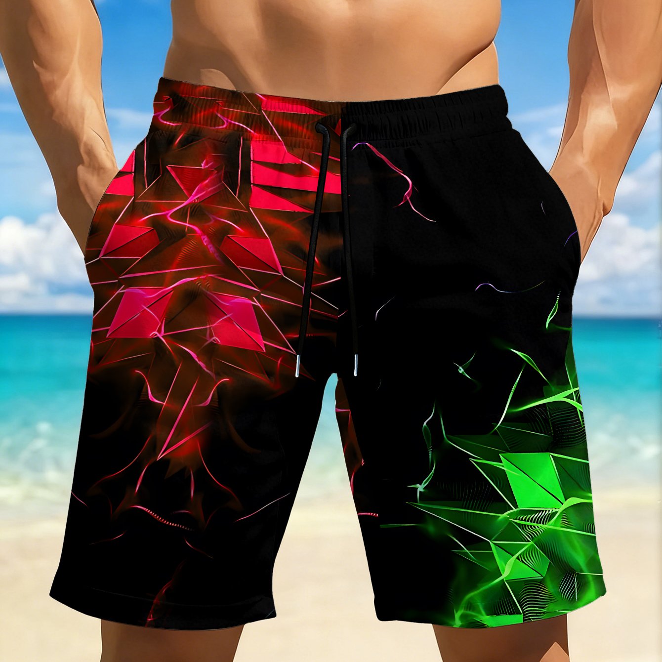 TEMU Men's Quick-dry Breathable Beach Shorts With A Colorful Print Design, Featuring An Elastic Waistband, And Pockets, Perfect For The Beach, Pool,