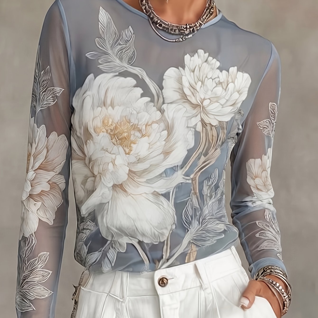 TEMU Women's Long-sleeve Floral Print Mesh Top