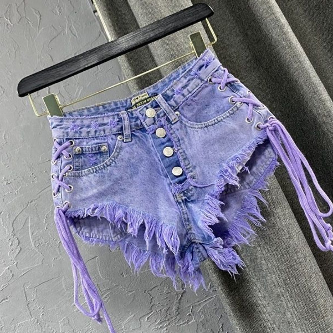 Women' Purple Denim Shorts - High Waist Wide Leg Hot Pants With Fringe Hem & Tie, Distressed A-line Button Fly Shorts Suitable For Summer, Machine Washable For Casual To Dressy Outfits