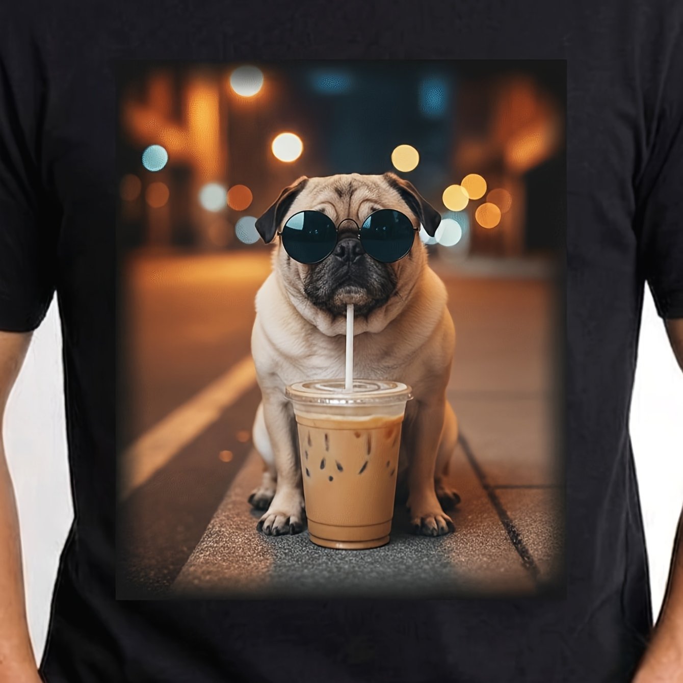 Image of Pug Dog Drinking Iced Coffee Funny Meme Cute Puppy Apparel Modern Art Casual Vibe Fitness Workout Crossfit Motivation Outfit Gift For Athletes 180g Crew Neck Men's Tee