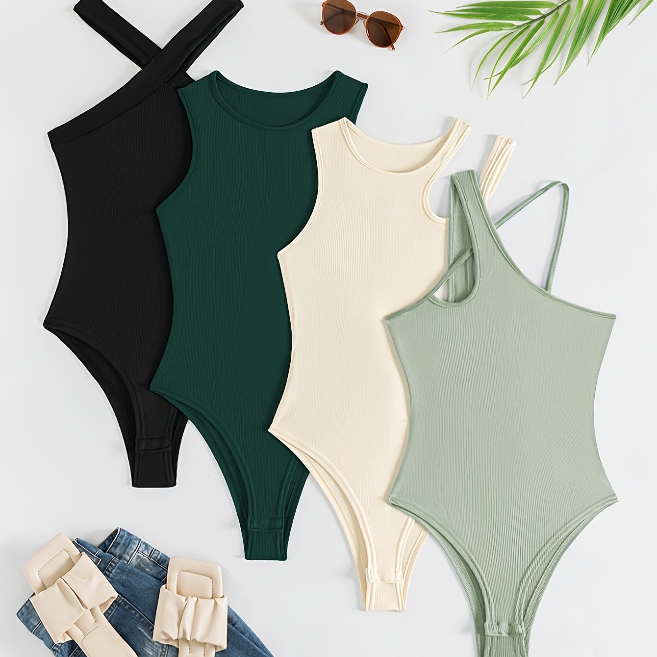 4pcs Women's Fall Winter Base Layer Casual Fashion Sleeveless Round Neck Cross-halter Vest Irregular Solid Comfortable Sheer Striped Bodysuit Top