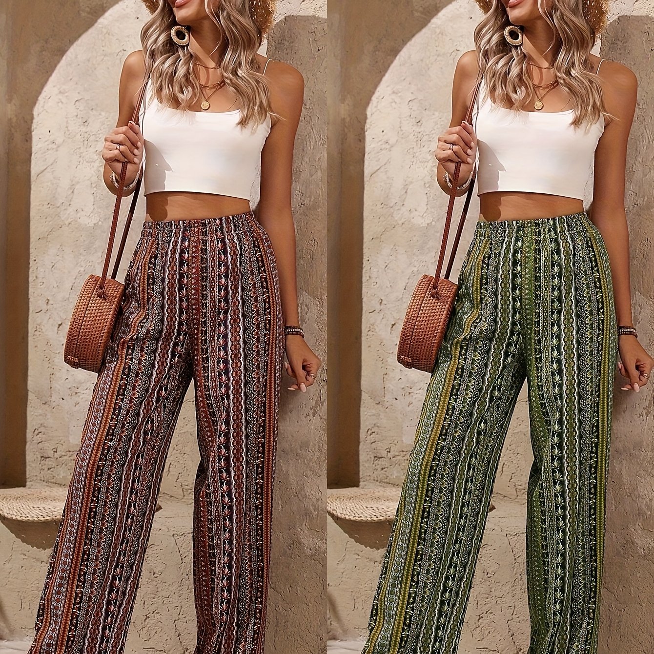 TEMU 2pcs Set Elegant Women's Vintage Print Wide-leg Pants