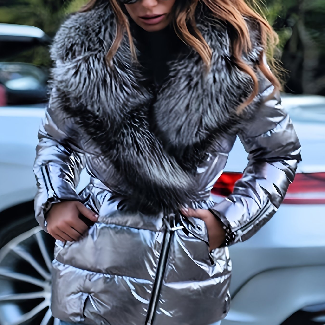TEMU Autumn Winter New Oversized Lapel Thickened Quilted Jacket Women's Waist-cinching Belt Closure Short Puffer Coat Shiny Windproof Cold-resistant