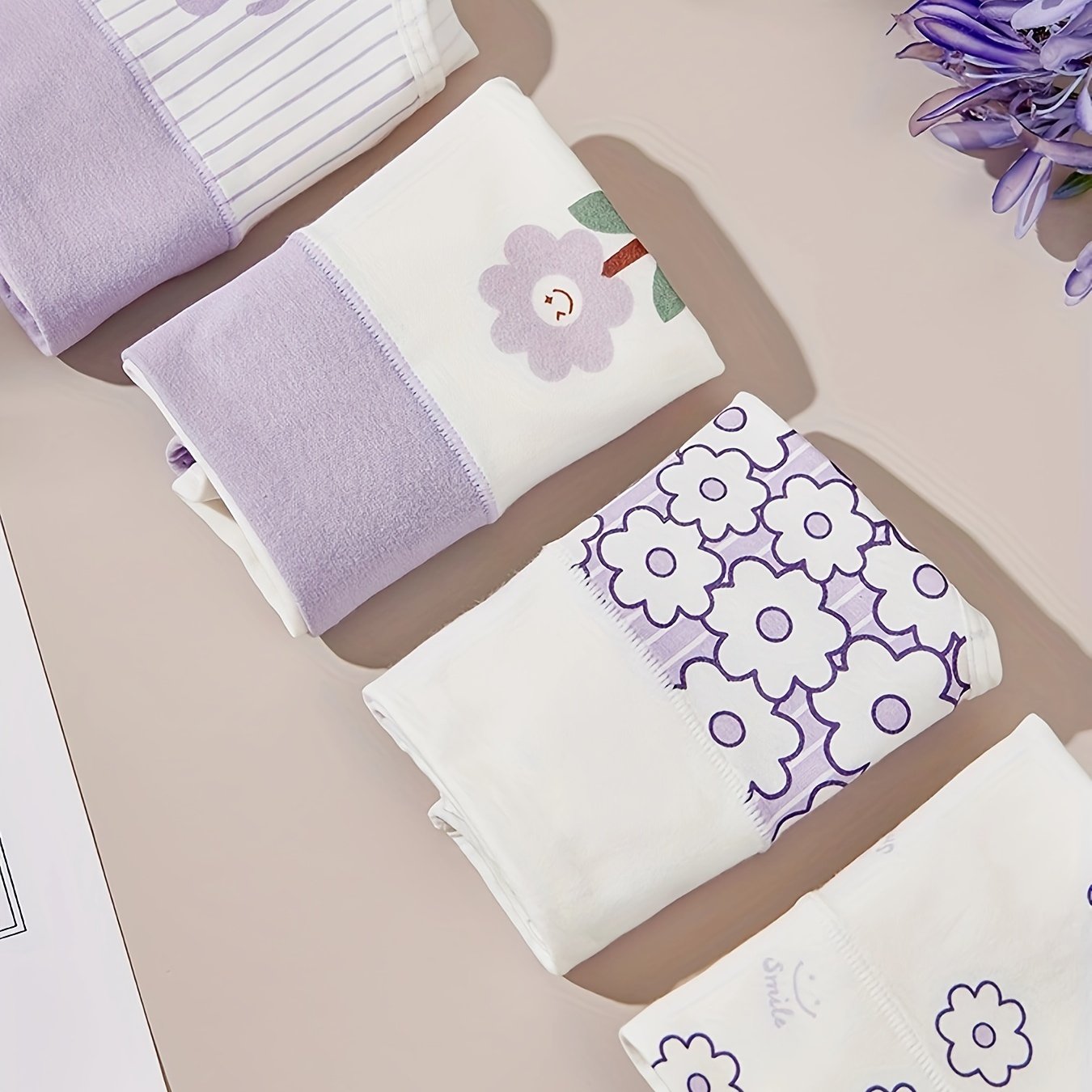 4pcs Floral Decoration Purple- High-waist Underwear, Color-block Elegant Soft Comfortable Breathable Thick Stretch Panties