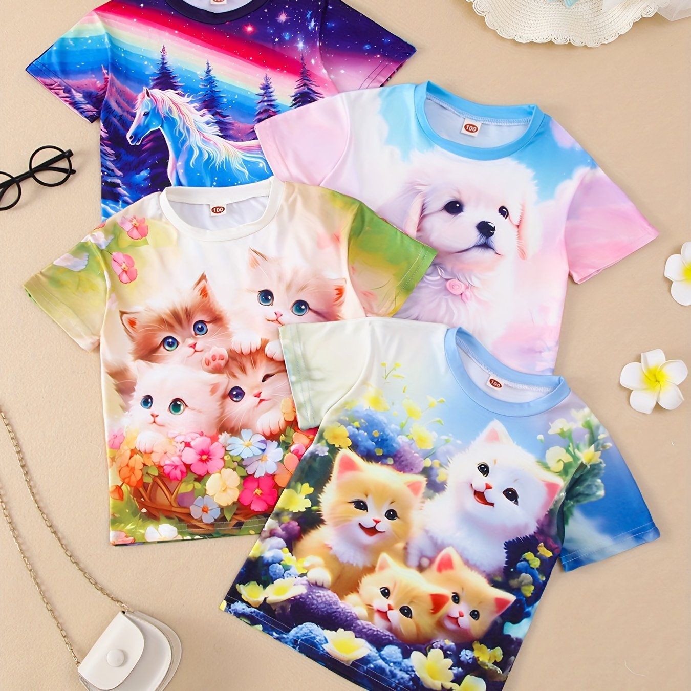 Girls' T-shirt Four-piece Set With Cute Dog, Cute Cat, And Starry Rainbow Horse Patterns