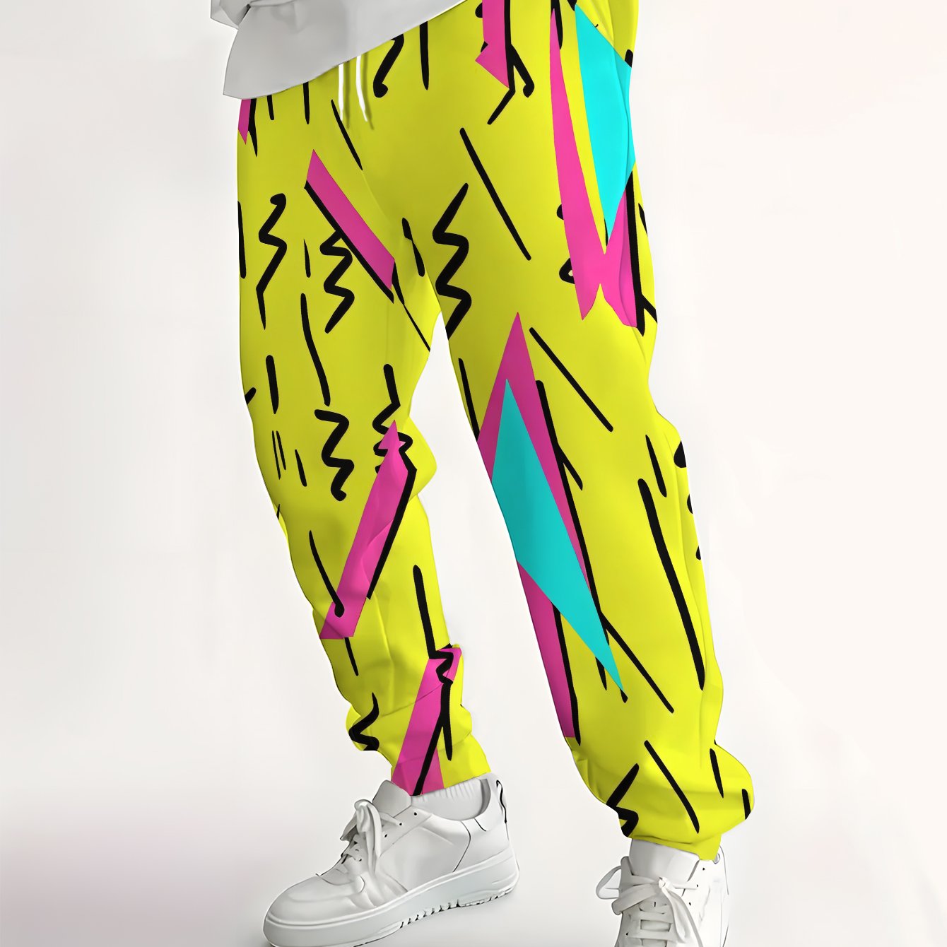 TEMU Pantalon de survêtement imprimé pour homme tendance, avec des géométriques colorées sur un fond jaune, doté de cordon de serrage et de poches,