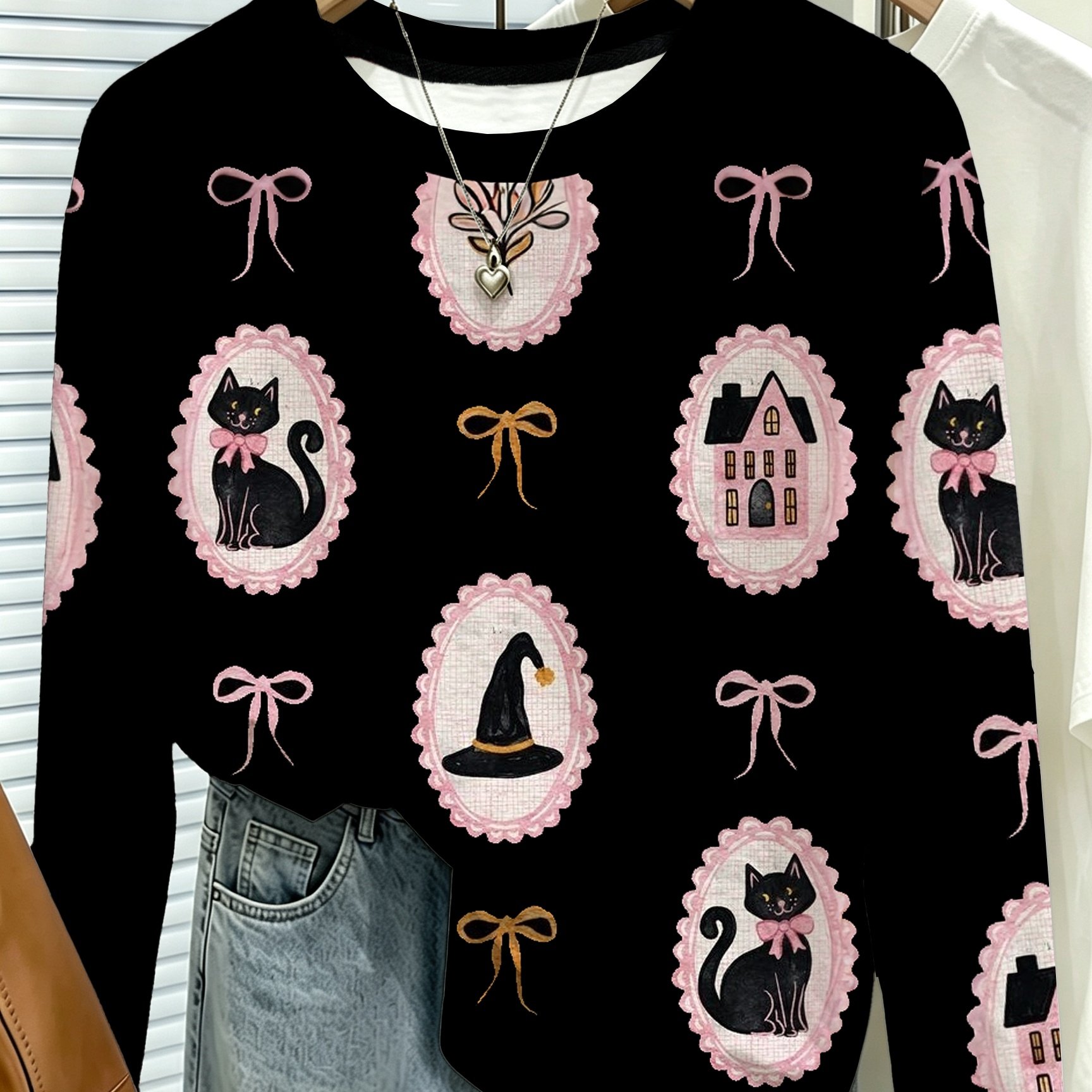TEMU Women' Vintage Witch Hat & Black Cat Print T-shirt - Retro Fall Style Top With Crew Neck, Loose Fit Suitable For Halloween Costumes & Casual