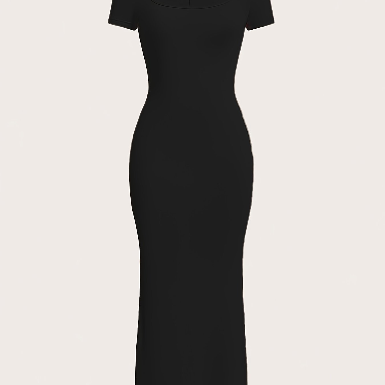 E-shop Einfaches Langkleid in Unifarbe mit Kurzarm Rundhalsausschnitt, Elegantes Schwarzes Bodycon-Kleid für Damen, Sommer-Pendlerkleid